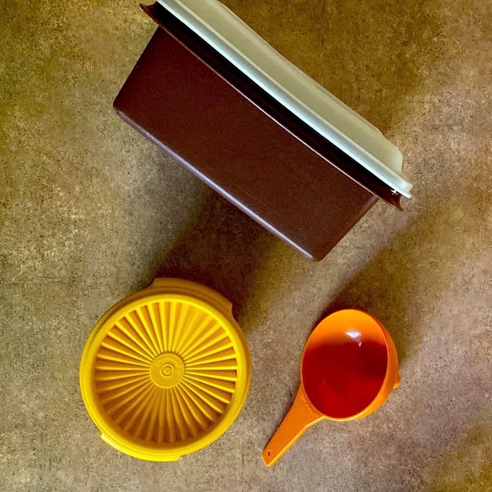 Tupperware lot: lidded yellow bowl, lidded brown box, orange funnel